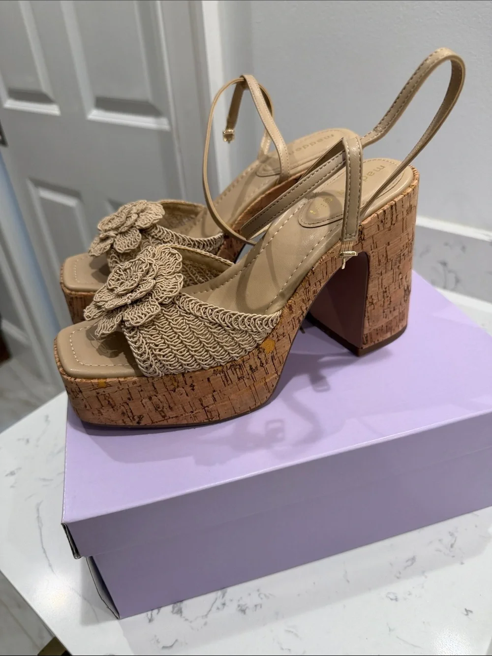 Madden Girl Natural Tan Cork Platform Sandals with Floral Crochet Strap